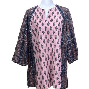 Pure JIll pink/navy top, bohemian, artisan, patchwork, sustainable, rustic